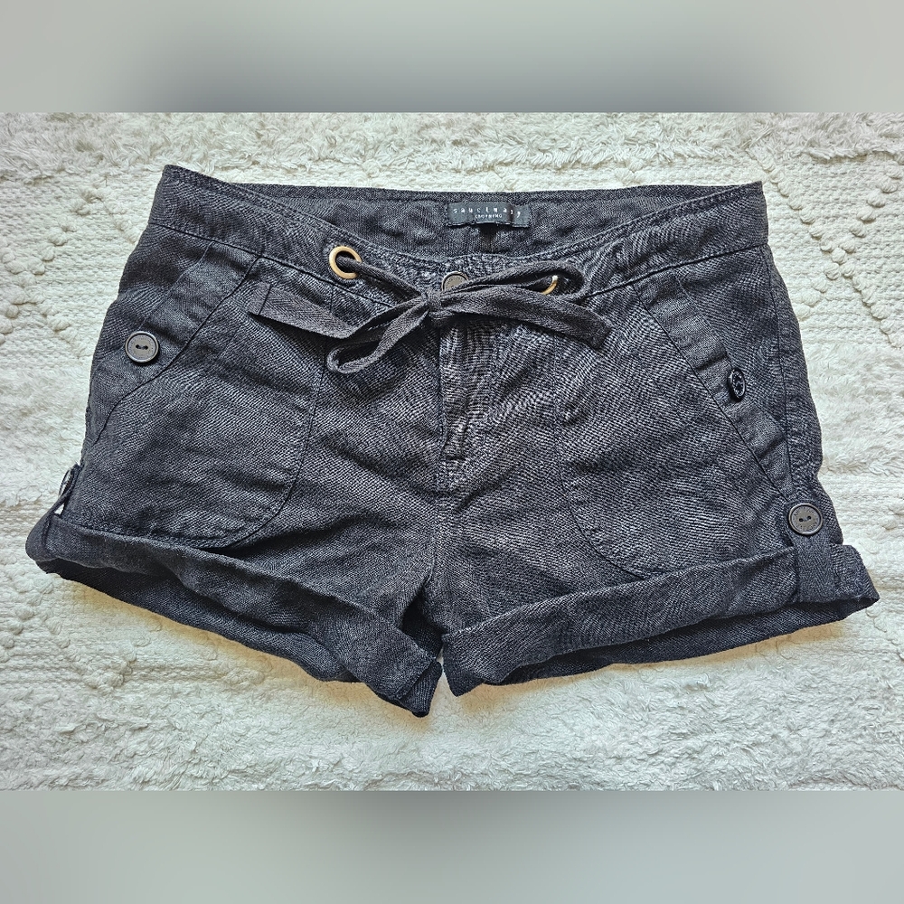 Sanctuary Women's Roll Tab 100% Linen Shorts Size 26 Black Beachy